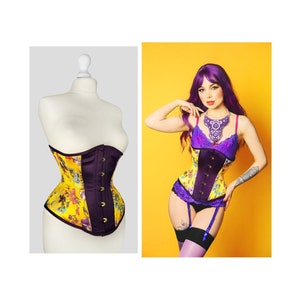 Corsé de encaje debajo del busto de largo medio, estándar, con diseño de flores violetas y jacquard de acero, ajustado, con varillas de acero y bajo el busto