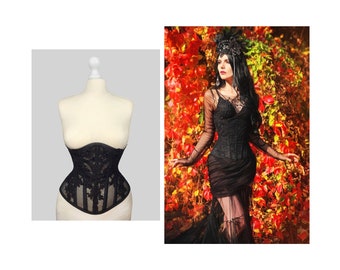 Black gothic corset, mesh corset, underbust, waist training, lace corset, victorian, cosplay, halloween