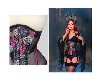 Corset Underbust em Malha Floral, Modelador de Cintura Transparente, Corset com Barbatanas de Aço, Lingerie Gótica, Corset Ampulheta, Corset Transparente
