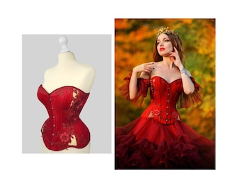 Red Velvet Overbust Corset, Gothic Victorian Lace Corset, Renaissance Waist Training Corset