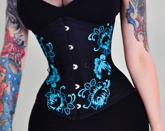Cyan blue black embroidery lace gothic underbust corset