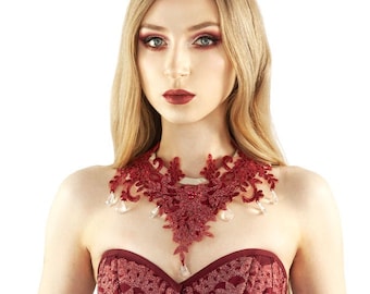 Claret bordeaux necklaces with lace guipure and bead