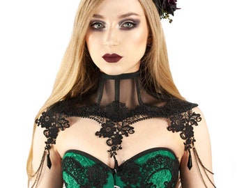 Black trasparent, mesh gothic necklaces neck corset with lace guipure and bead