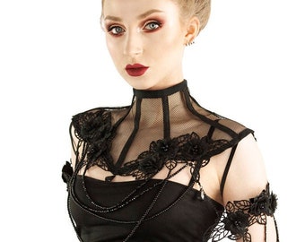 Schwarze Perlen Spitze Schulter Choker, Gothic Korsett Halskette