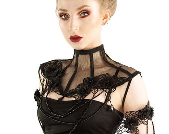 Black trasparent, mesh gothic necklaces neck corset with lace guipure blossom and bead