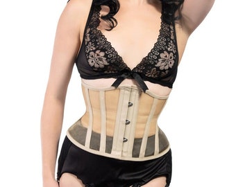 Beige mesh sheer waspie steel bones waist training tightlacing  underbust heavy duty corset body shaper