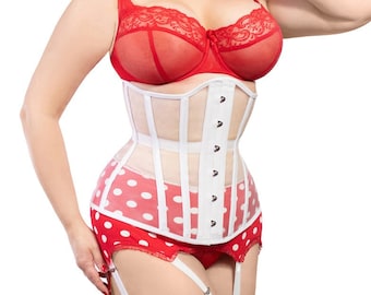 Weißes Mesh Unterbrust Korsett Longline, Stahl ohne Knochen Taillentrainer, schiere Stealth Korsett, langer Torso Taillenkorsett, Körperformer in voller Länge