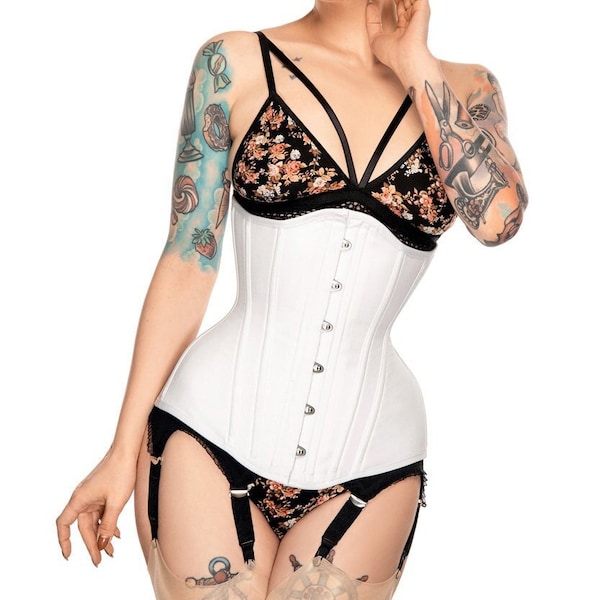 White plain steel boned waist training tightlacing shaper underbust heavy duty longline corset retro