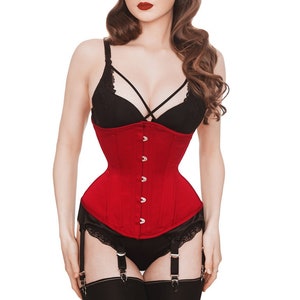 Corsé rojo liso básico de acero debajo del busto con tirantes ajustados y varillas de acero para entrenar la cintura debajo del busto, largo medio y estándar