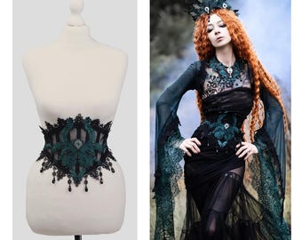 Sheer Gothic Underbust Corset Belt, Lace Waspie Corset, Dark Fantasy Renaissance Waist Cincher