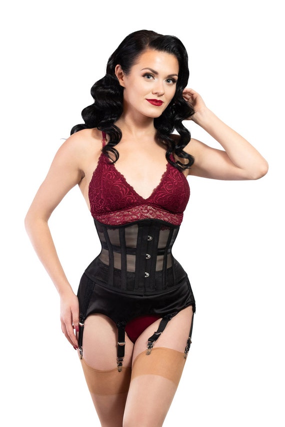 Black, Mesh, Sheer Corset, Underbust, Waspie, Corset Belt, Fetish, Gothic,  Cosplay, Body Shaper, Lingerie 