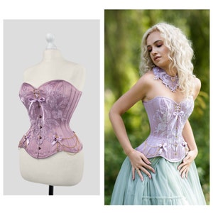Lilac Victorian Overbust Corset, Lace Bridal Corset Top, Steel Boned Waist Training, Fairycore Fantasy Cosplay