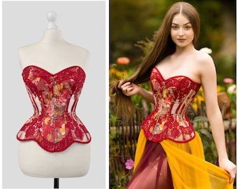 Red Lace Overbust Corset, Floral Jacquard Waist Training Corset, Romantic Renaissance Corset
