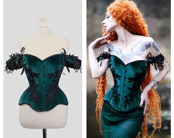 Emerald Velvet Gothic Corset, Victorian Lace Overbust Top, Waist Training, Fantasy Cosplay
