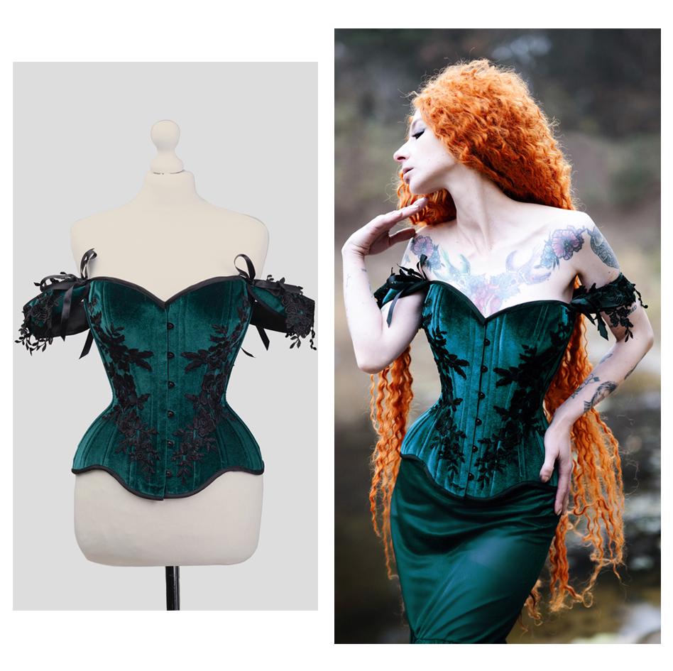 Emerald Velvet Gothic Corset, Victorian Lace Overbust Top, Waist Training, Fantasy Cosplay