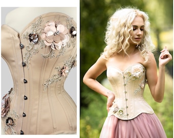 Corset en dentelle beige, mariage, fleurs, mariage, mariée, corset overbust, cosplay, renaissance, victorien