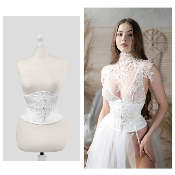 Corset en dentelle blanche, écru, guipure, guêpe, entraînement de la taille, mariage sous la poitrine, mariée, haut corset, ceinture corset