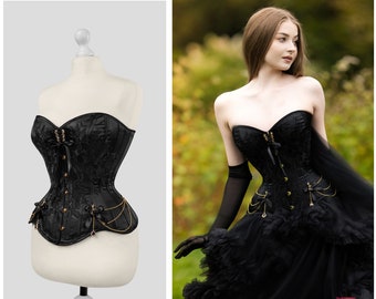 Corset overbust en satin noir, dentelle, gothique, mariage, cosplay, sorcière, haut corset, corset foncé, halloween