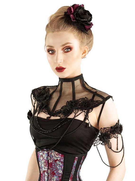 Black Beaded Lace Shoulder Choker, Gothic Corset Necklace