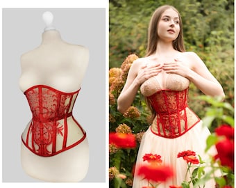 Corset moulant en dentelle en maille rouge, os en acier transparent, entraînement à la taille, sous le buste, modelant le corps