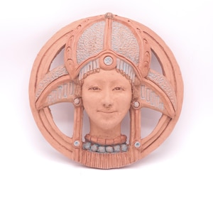 Smiling Ceramic Wall Mask – Handcrafted Terracotta Art with Soft Blue Accents - Woman sculpture - wall hanging ceramic sculpture #459