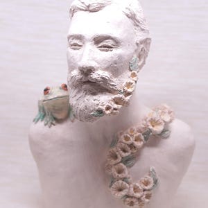 Handmade Ceramic Bearded Man Bust: Floral Art Sculpture with Toad