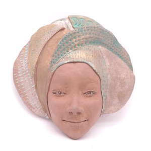 Serene Ceramic Wall Mask with Turquoise & Gold - Woman sculpture - wall hanging ceramic sculpture #458
