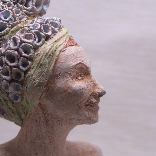 April - Girl shops with Flowers hair - clay sculpture #368