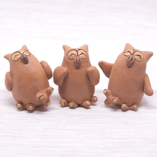 Laughing Owls - clay owl - owl figurine - owl totem - owl miniatures - clay owl - #367