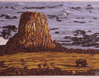 Reduction Woodcut Relief Print "Tatanka at Devil's Tower"