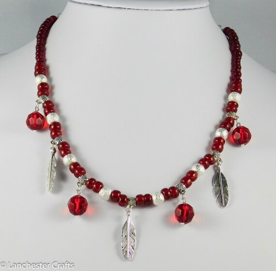 Red Bead and Feather Charm Necklace