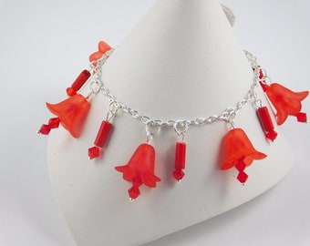 Lucite Beads Flower Bracelet | Botanical Jewelry Flower Beads | Swarovski Crystal Boho Bracelet Red Beads | Charm Bracelet