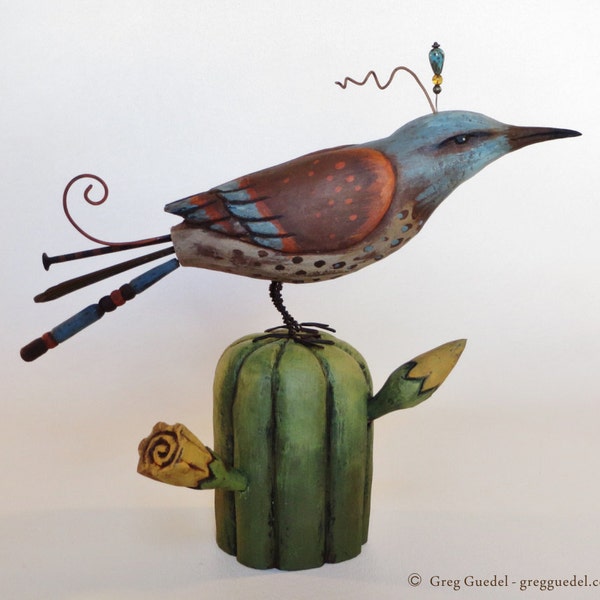 Hand carved bird on saguaro cactus folk art sculpture