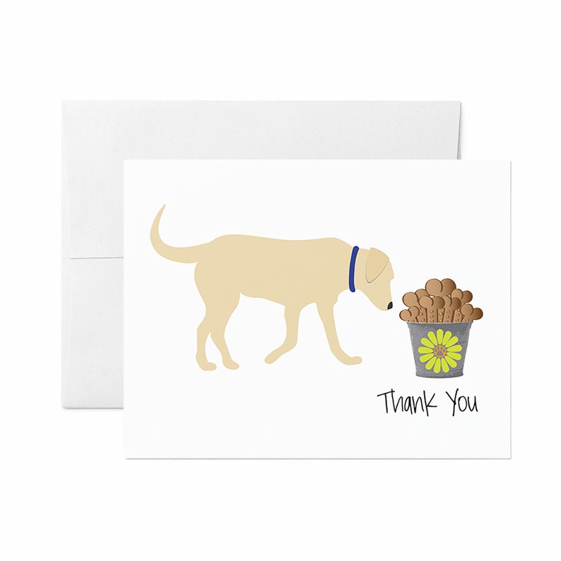 May include: A white greeting card with a yellow Labrador Retriever illustration and a blue collar. The card features a bucket of dog treats and the words "Thank You" in black. A white envelope is included.