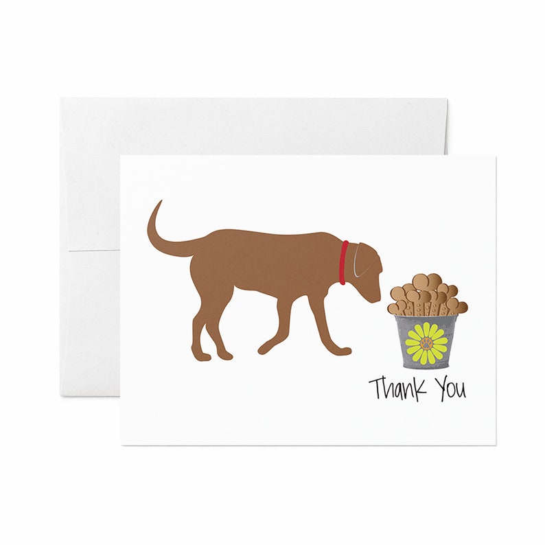 May include: A white greeting card with a brown dog silhouette wearing a red collar. The dog is sniffing a bucket of dog treats. The bucket has a yellow flower design and the words "Thank You" are written below.