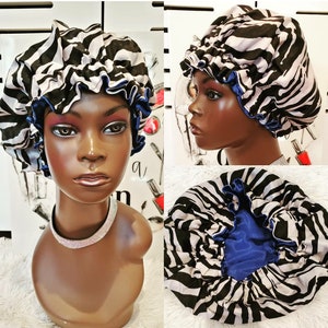 Zebra/Blue Luxury SATIN BONNET Charmeuse/Sleep Cap/REVERSIBLE/Natural Hair