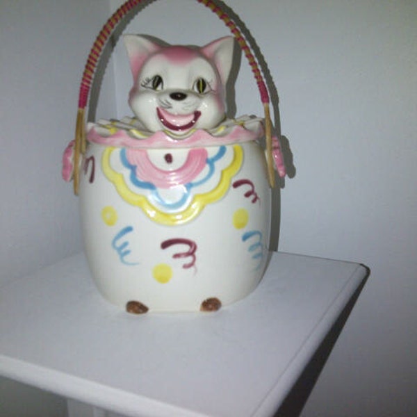 Vintage Kitty Cat Clown Biscuit Barrel Hand Painted Japan
