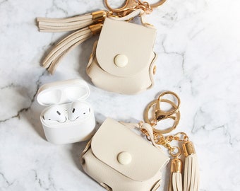 4 Colors+ | Slim Modern Vegan Leather Tassel AirPods Cases with Gold Keychains, AirPods 1, 2, 3 and Pro Gen, Tech Accessories