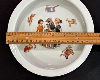 Antique German 1920's Children's Soup Bowl Plate Nursery Rhyme Monkey Kids Bunny