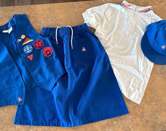 Vintage 1980s Campfire Girl Uniform Outfit: Skirt, Vest, Polo, Cap