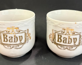 Antique Victorian Pair of Porcelain "Baby" Cups w/ Metallic Gold Lettering
