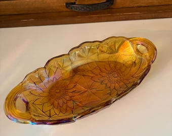 Vintage Amber Carnival Glass Relish Dish Indiana Glass Co Lily Pons