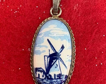 Vintage Blue & White Windmill Pendant Delft Porcelain Drop