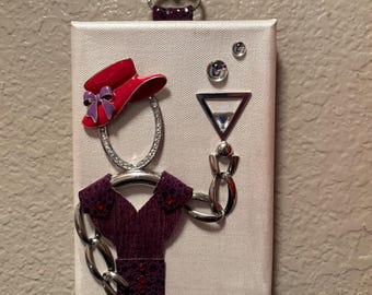 Red Hat Society Lady Cheers Wall Art: Upcycled Jewelry Mosaic, 5x7" Canvas