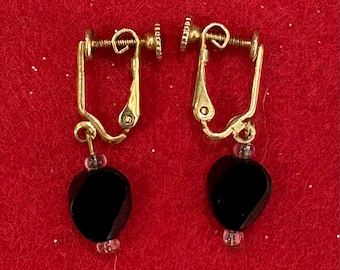 Vintage 1960's Screw Back Dangle Earrings with Black Faceted Stones