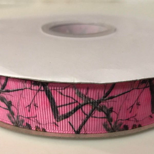 Pink Mossy Oak/Real Tree-Hair Bow Ribbon by the Yard 7/8" inch-Grosgrain-Ribbon by the yard