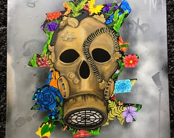 Pintura acrílica de máscara de gas - Skull Street Art, pintura acrílica arco iris, graffiti floral sobre lienzo, arte moderno, colección ArtGang