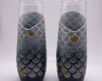 Hand Painted Mermaid Scale Champagne Flutes: Elegant Home Decor (Set of 2)