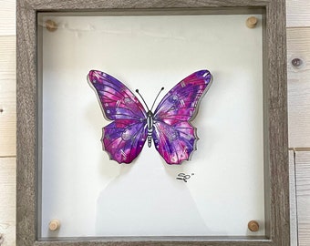 Purple and Pink Watercolor Butterfly, 3D Butterfly shadow box, Hand Painted Watercolor Pop Art, Good Housewarming Gift, Watercolor gift Idea