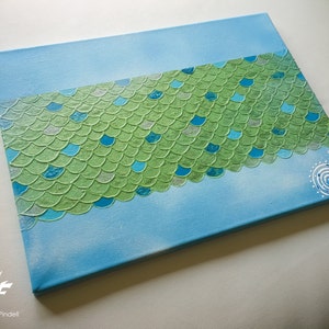 Acrylschilderij zeemeerminschubben: groene glitter waterkunst (12 x 16)